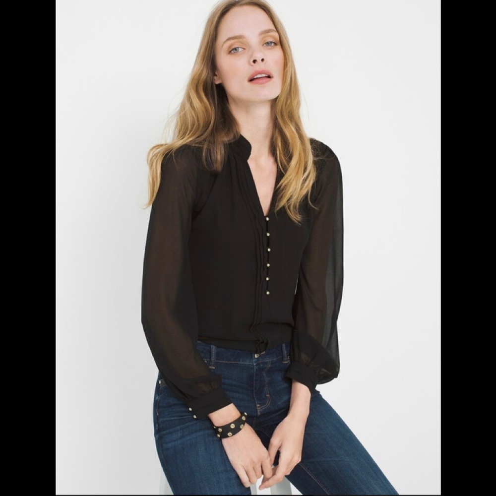 White House Black Market Sheer-Sleeve Woven Blouse